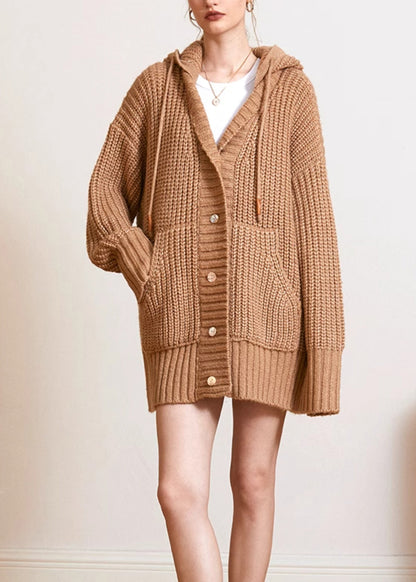 Italian Khaki Woolen Hooded Sweaters Coat Fall