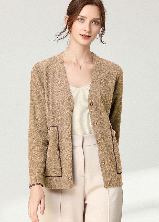 Italian Khaki V Neckpockets Spring Cardigan Long Sleeve