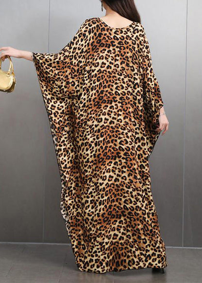 Italian Leopard V Neck Side Open Maxi Dress Batwing Sleeve