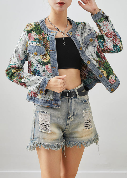 Italian Light Blue O-neck Print Denim Coats Fall