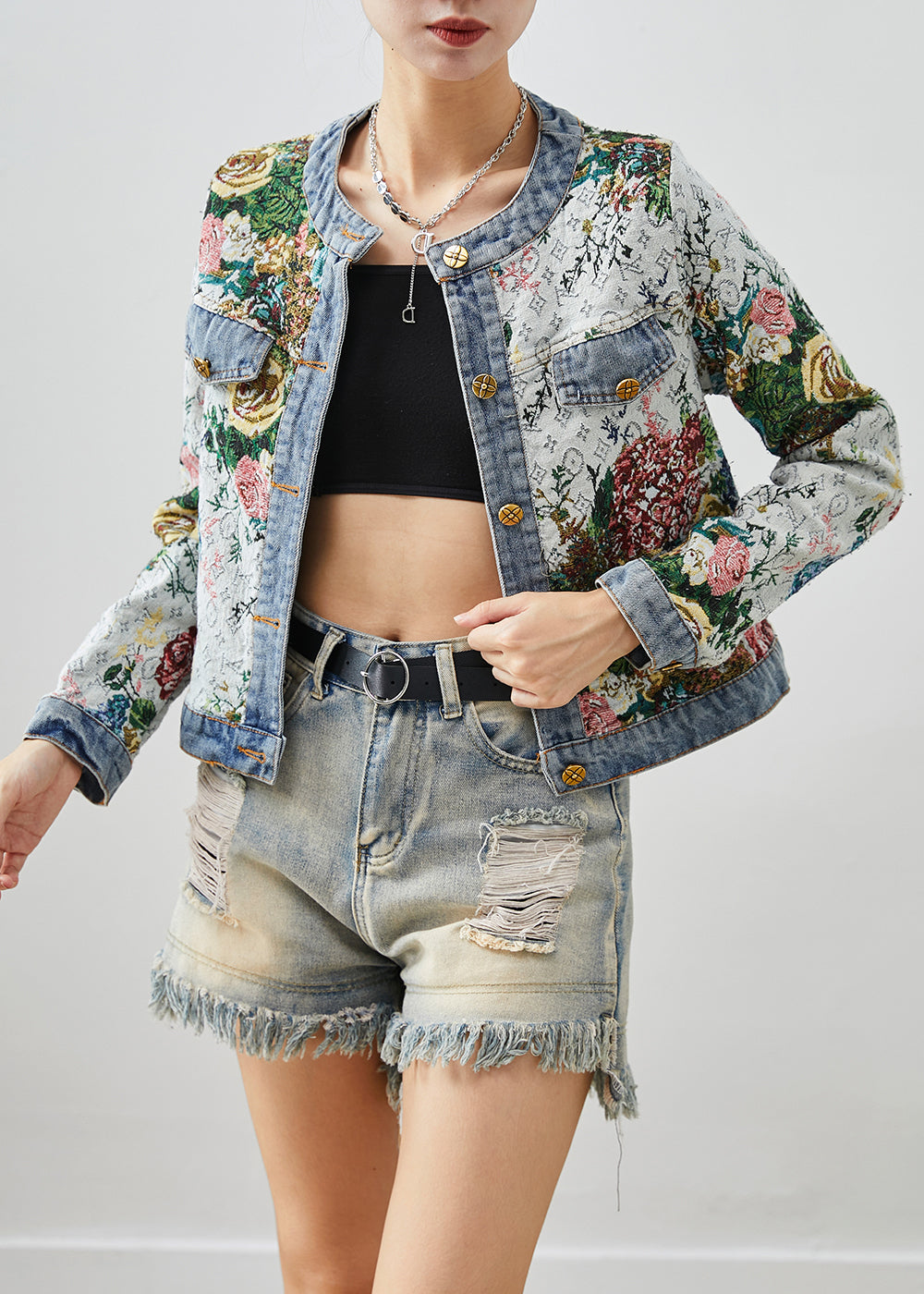 Italian Light Blue O-neck Print Denim Coats Fall