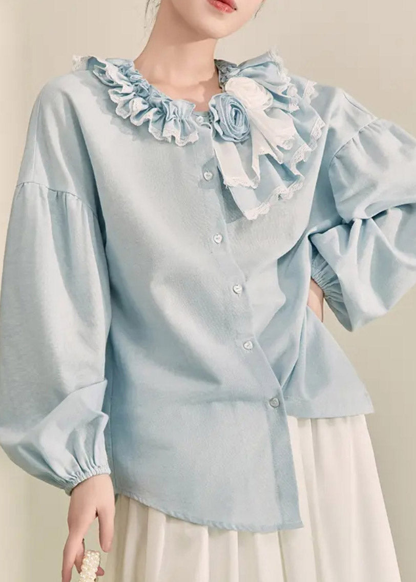 Italian Light Blue Ruffled Patchwork Button Top Spring