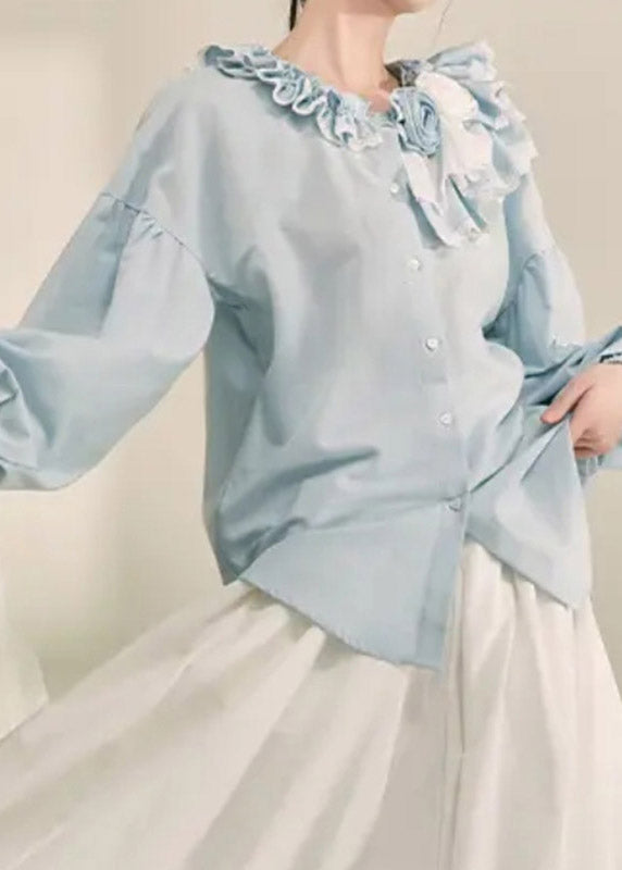 Italian Light Blue Ruffled Patchwork Button Top Spring
