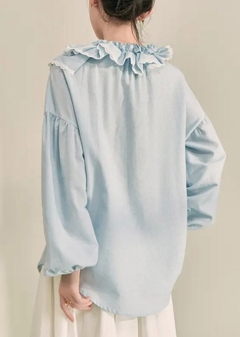 Italian Light Blue Ruffled Patchwork Button Top Spring