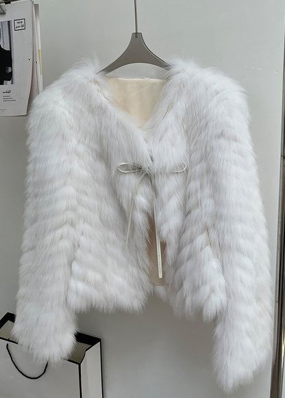 Italian Milk Tea Color V Neck Lace Up Leather and Fur Coats Winte