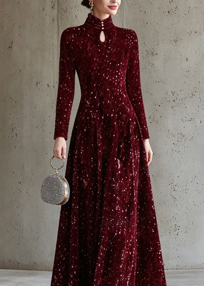 Italian Mulberry Stand Collar Sequins Maxi Dress Long Sleeve