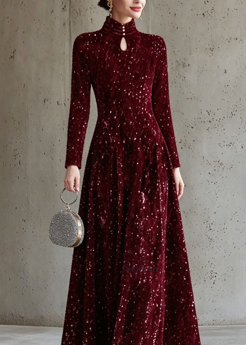Italian Mulberry Stand Collar Sequins Maxi Dress Long Sleeve