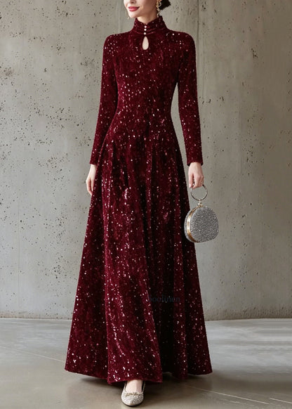 Italian Mulberry Stand Collar Sequins Maxi Dress Long Sleeve