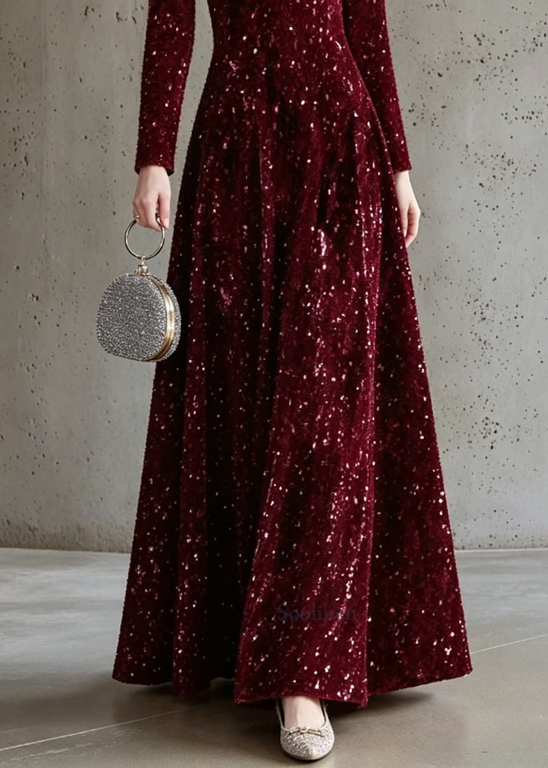 Italian Mulberry Stand Collar Sequins Maxi Dress Long Sleeve