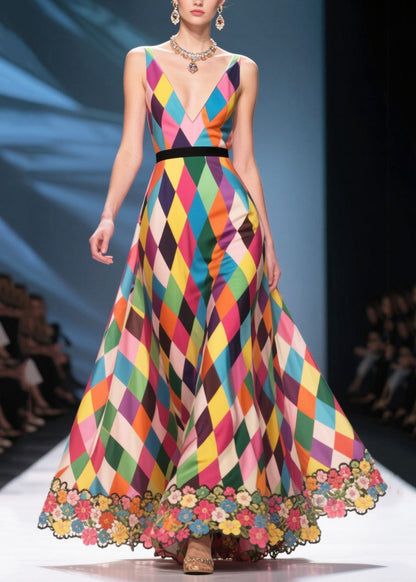 Italian Multicolour Plaid Patchwork Flower Chiffon Sundress Summer