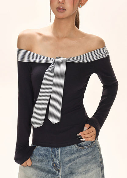 Italian Navy Blue Cold Shoulder Tie Lace T Shirt Fall