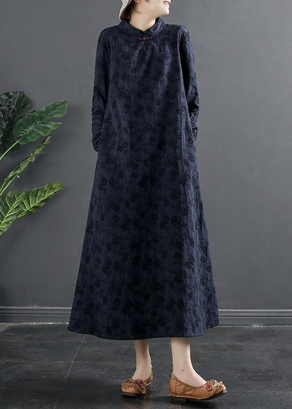 Italian Navy Embroidery Long Stand Collar Vestidos De Lino Dresses