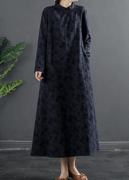 Italian Navy Embroidery Long Stand Collar Vestidos De Lino Dresses