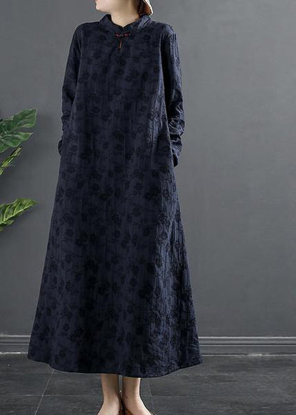 Italian Navy Embroidery Long Stand Collar Vestidos De Lino Dresses
