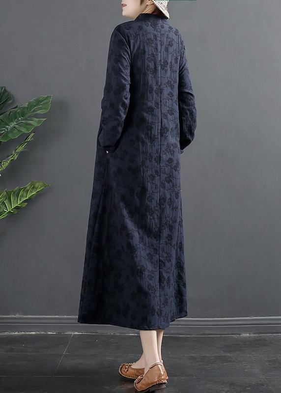 Italian Navy Embroidery Long Stand Collar Vestidos De Lino Dresses