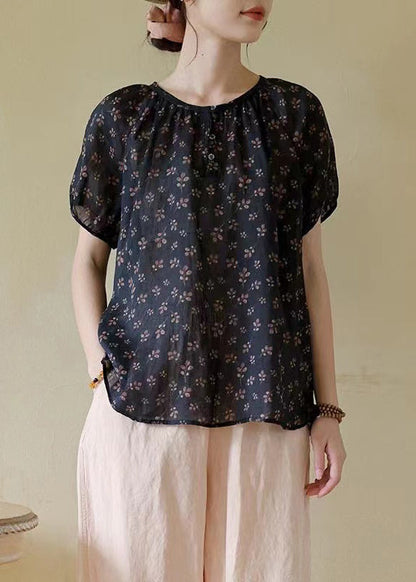 Italian Navy O-neck Button Print Linen T Shirt Summer