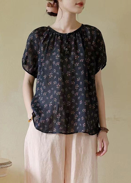 Italian Navy O-neck Button Print Linen T Shirt Summer