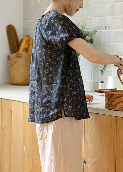 Italian Navy O-neck Button Print Linen T Shirt Summer