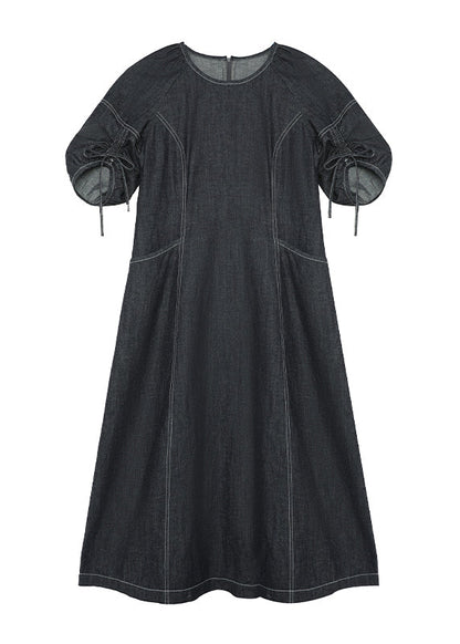 Italian Navy O Neck Drawstring Lace Up Patchwork Denim Dress Summer
