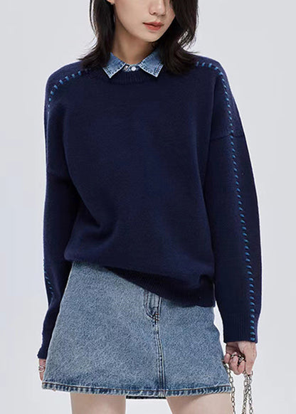 Italian Navy O-neck Thick Patchwork Woolen Sweater Tops Fall