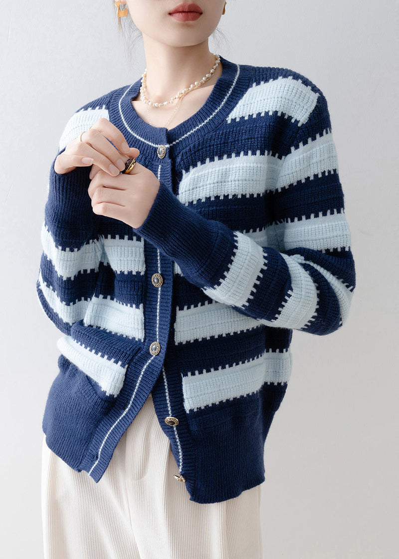 Italian Navy Oversized Striped Knit Cardigans Winter