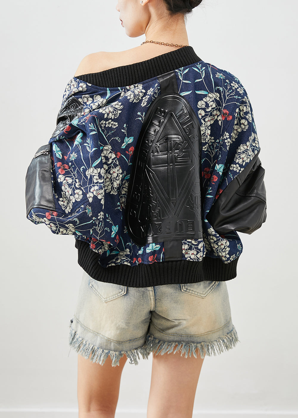 Italian Navy Print Faux Leather Patchwork Cotton Filled Denim Jacket Fall