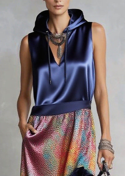 Italian Navy Ruffled Patchwork Print Silk Robe Dresses Sleeveless