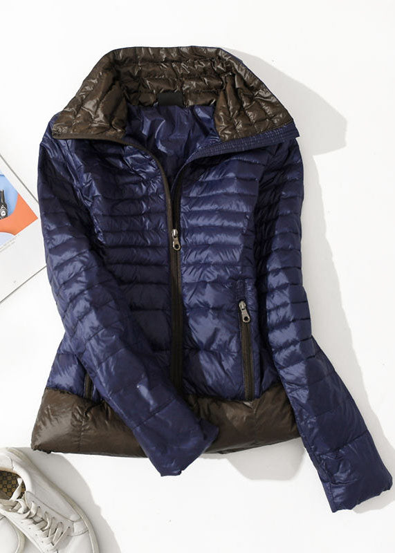 Italian Navy Stand Collar Zip Up Pockets Patchwork Duck Down Jacket in Winter