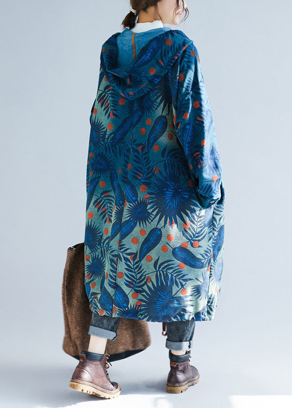 Italian Navy Drawstring Print Hooded Coat Spring