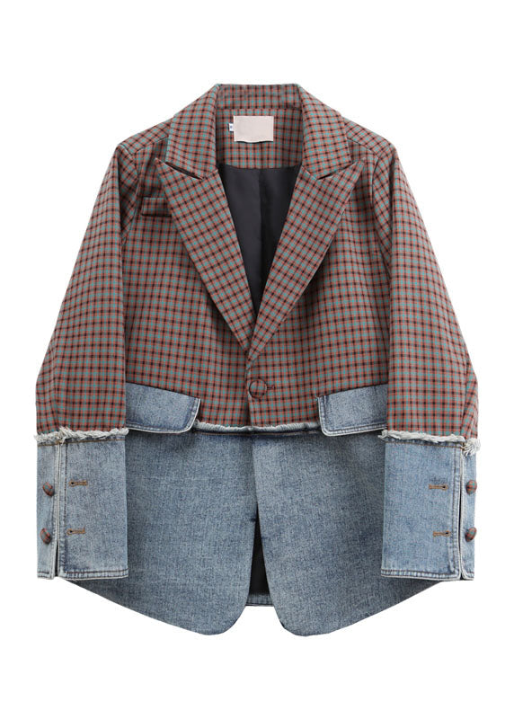 Italian Notched Plaid Patchwork Coat Long Sleeve