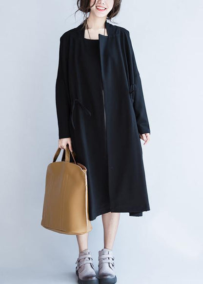 Italian Notched Drawstring Fall Coats Blouses Black Baggy Outwear