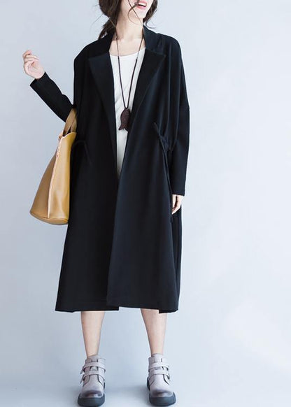 Italian Notched Drawstring Fall Coats Blouses Black Baggy Outwear