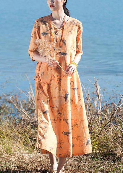 Italian O Neck Half Sleeve Dress Yellow Flower and Bird Print Maxi Dress