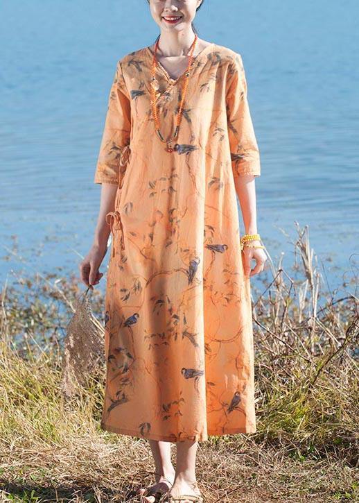 Italian O Neck Half Sleeve Dress Yellow Flower and Bird Print Maxi Dress