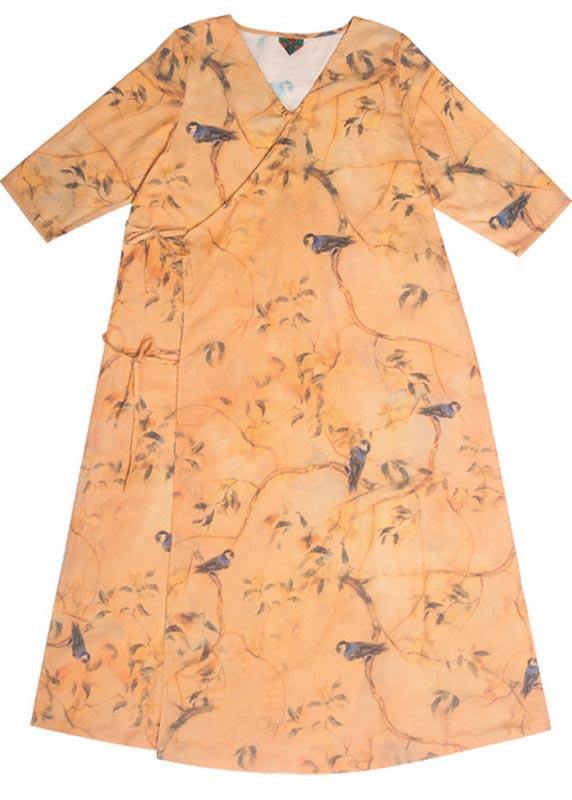 Italian O Neck Half Sleeve Dress Yellow Flower and Bird Print Maxi Dress