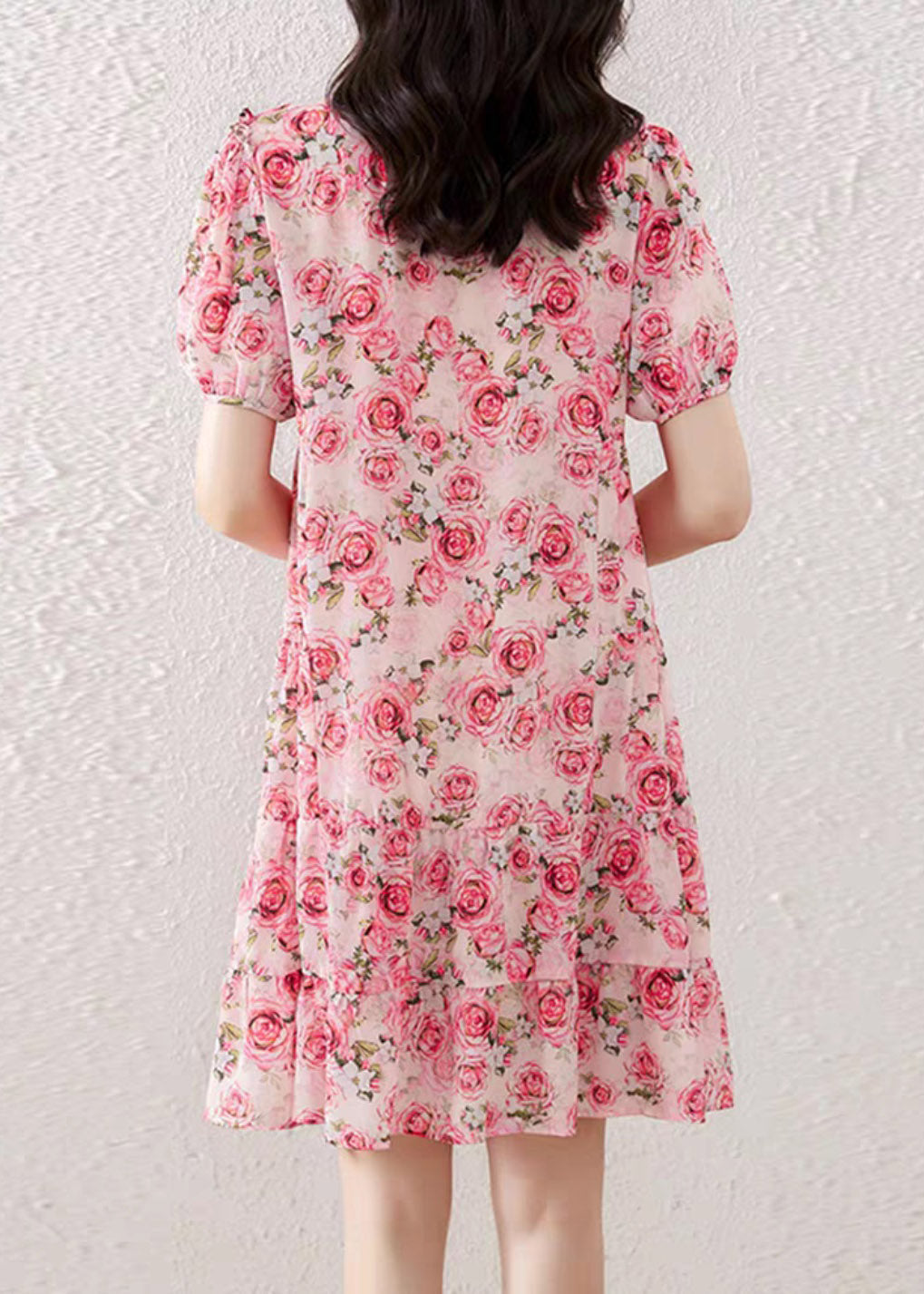 Italian O-neck Print Wrinkled Silk Mid Dresses Short Sleeve