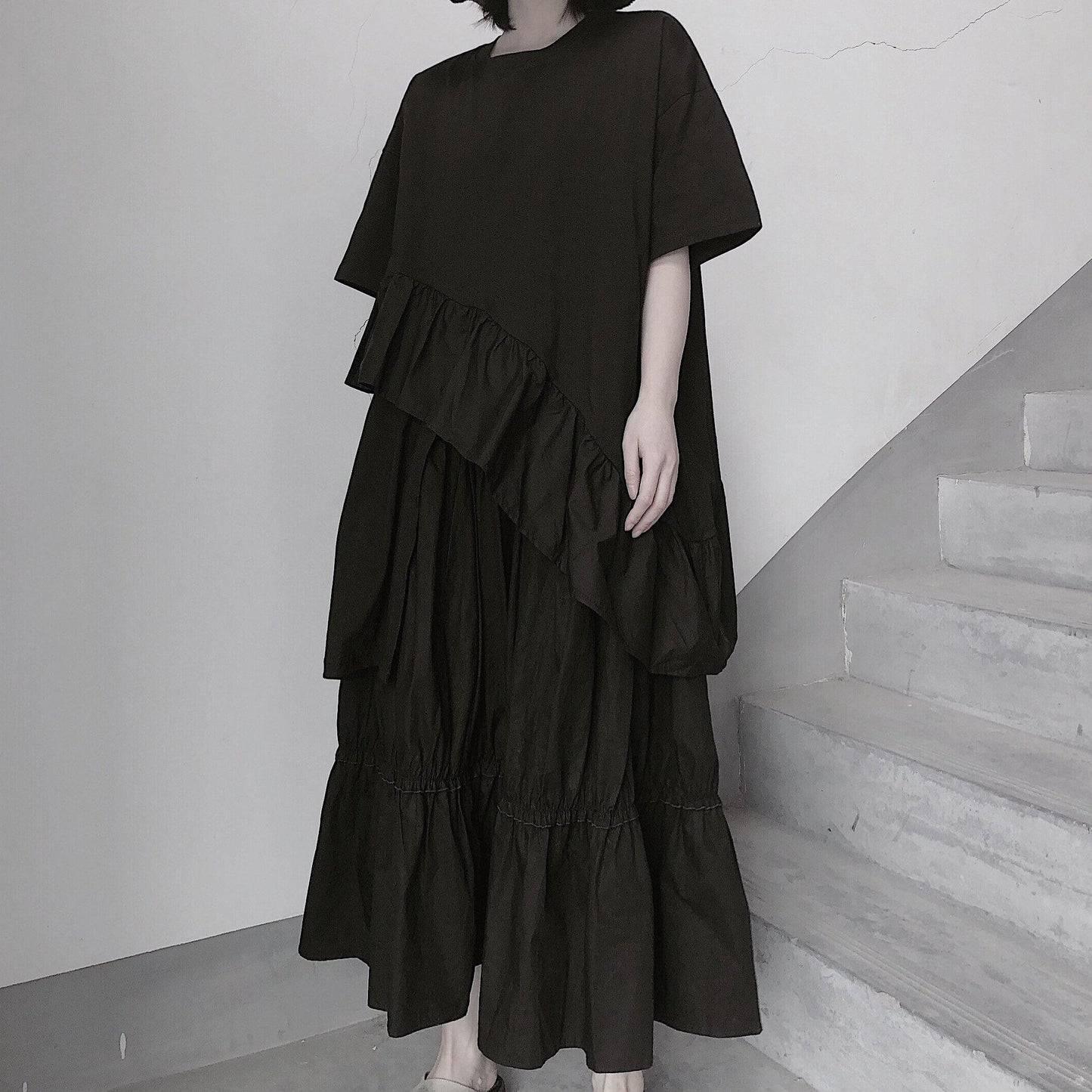 Italian O Neck Ruffles Asymmetric Tunic Top Ideas Black Blouses