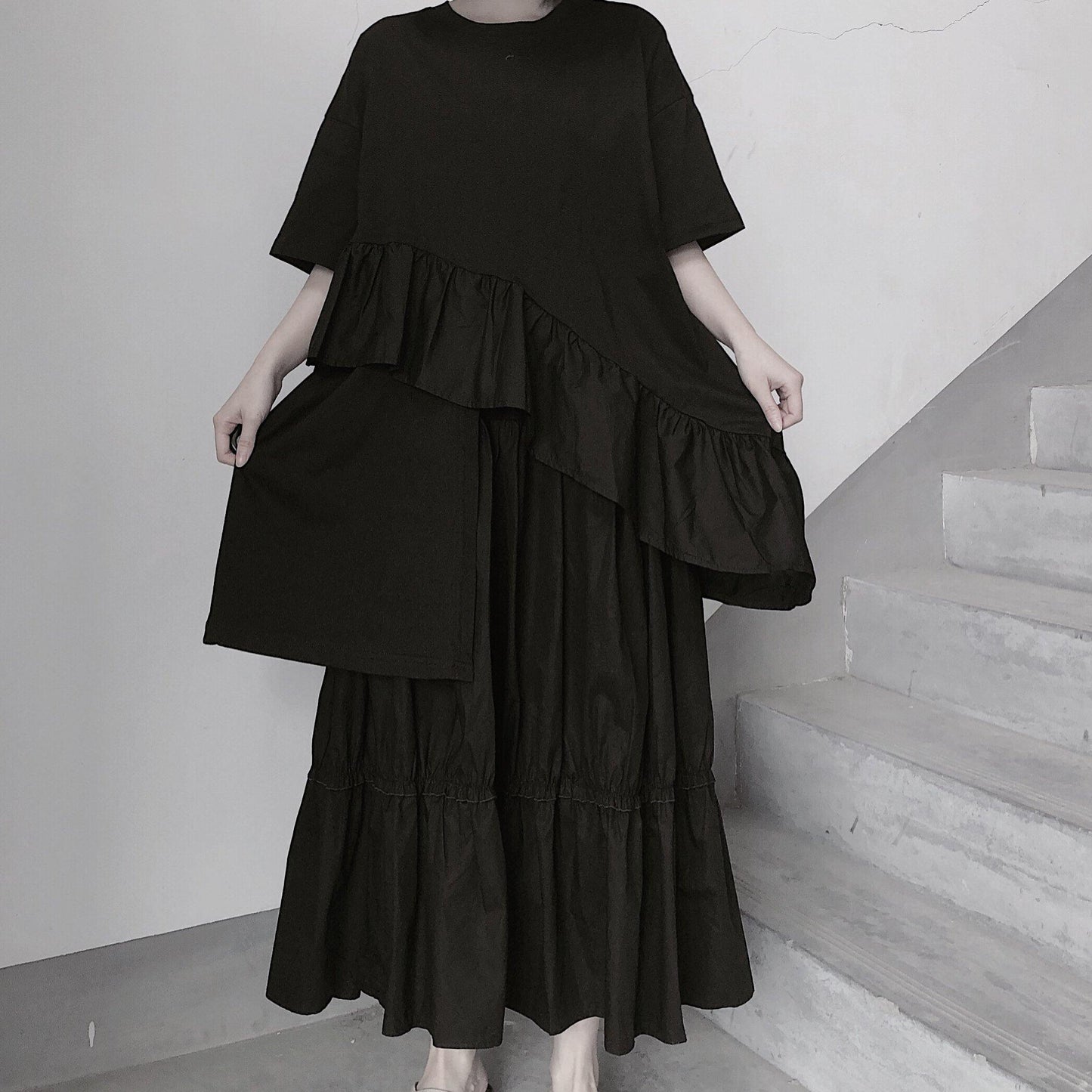 Italian O Neck Ruffles Asymmetric Tunic Top Ideas Black Blouses
