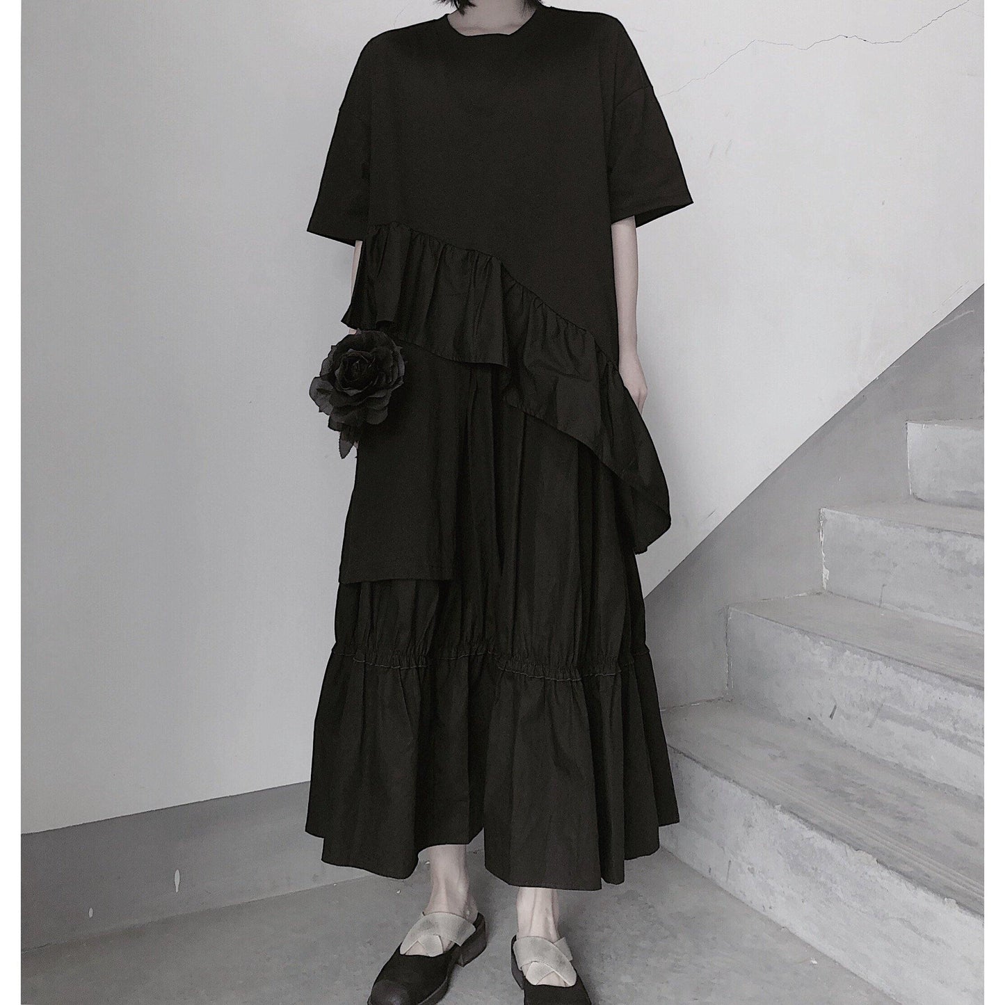 Italian O Neck Ruffles Asymmetric Tunic Top Ideas Black Blouses