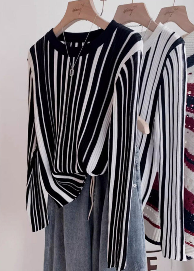 Italian O-neck Striped Knit Sweater Tops Spring