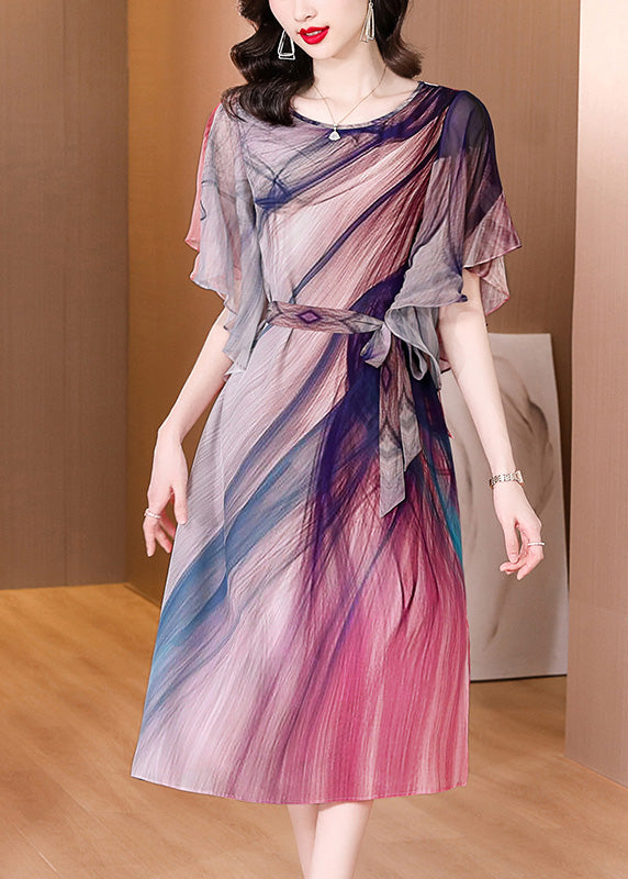 Italian O-neck Tie Dye Side Open Tie Waist Silk Long Dresses Summer