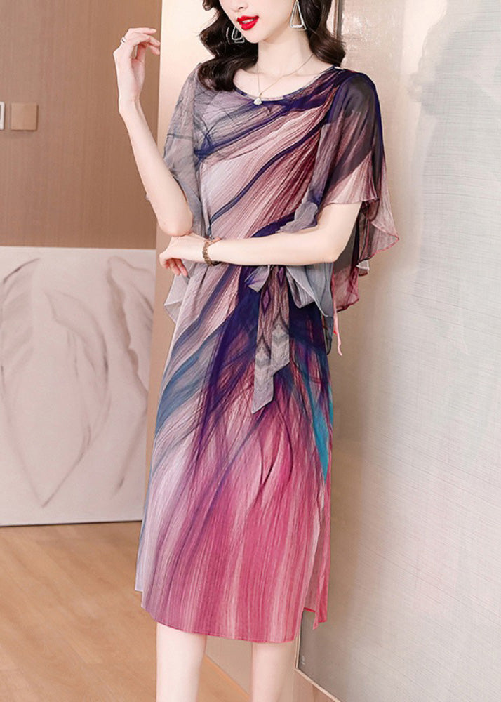 Italian O-neck Tie Dye Side Open Tie Waist Silk Long Dresses Summer