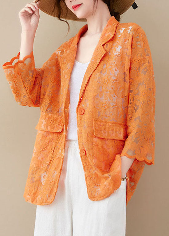Italian Orange Button Peter Pan Collar Lace Coats Long Sleeve