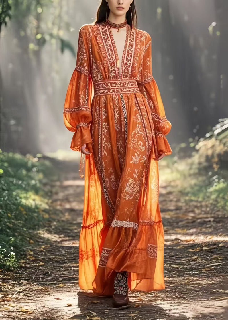 Italian Orange Cinched Print Chiffon Holiday Dress Spring