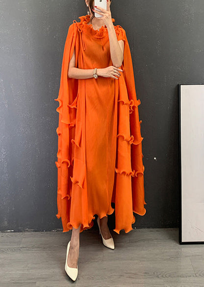 Italian Orange O-neck Ruffled Patchwork Vestidos Dress Short Sleeve