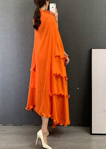 Italian Orange O-neck Ruffled Patchwork Vestidos Dress Short Sleeve