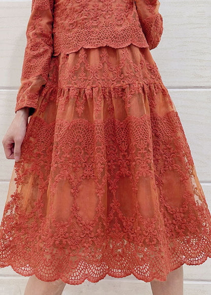 Italian Orange Peter Pan Collar Embroideried Patchwork Tulle Dresses Long Sleeve