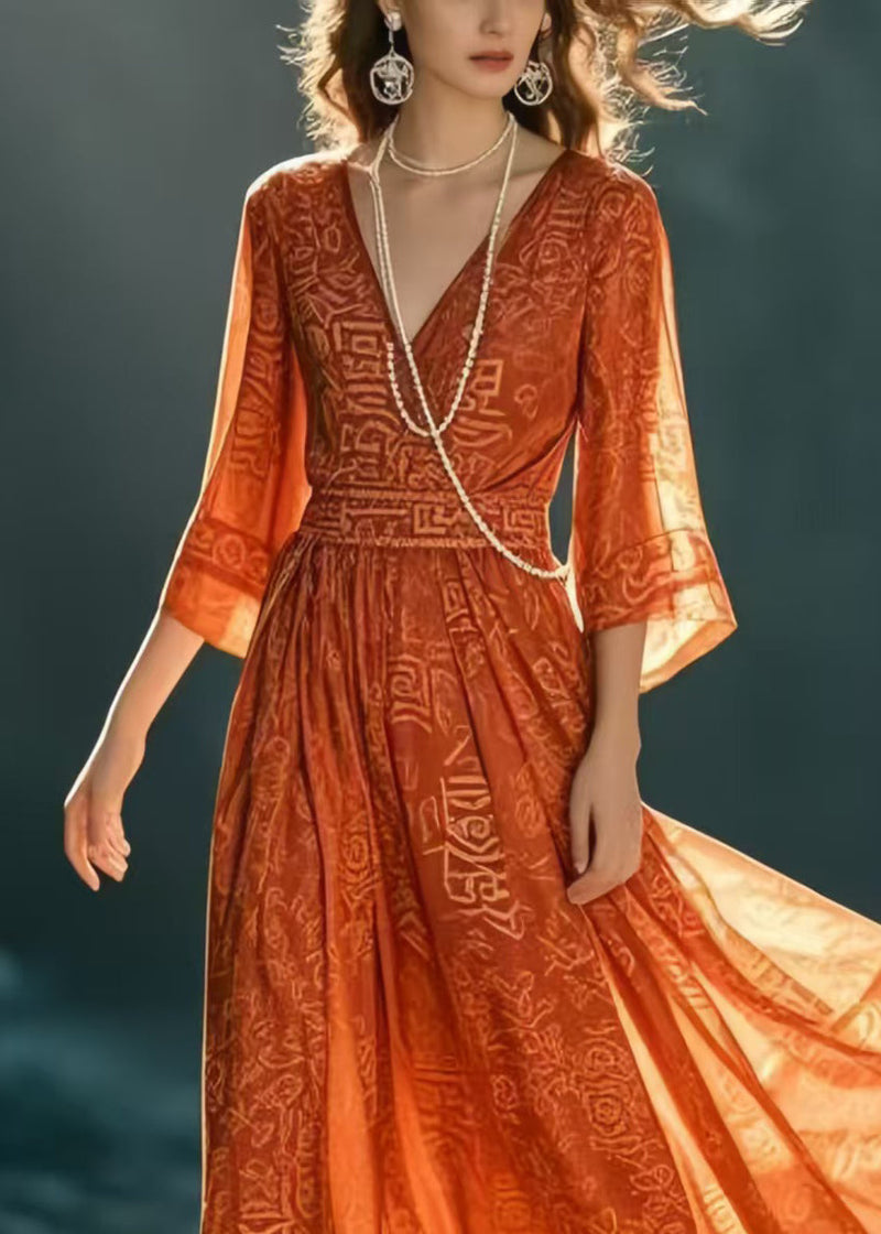 Italian Orange Print Chiffon Holiday Dresses Bracelet Sleeve