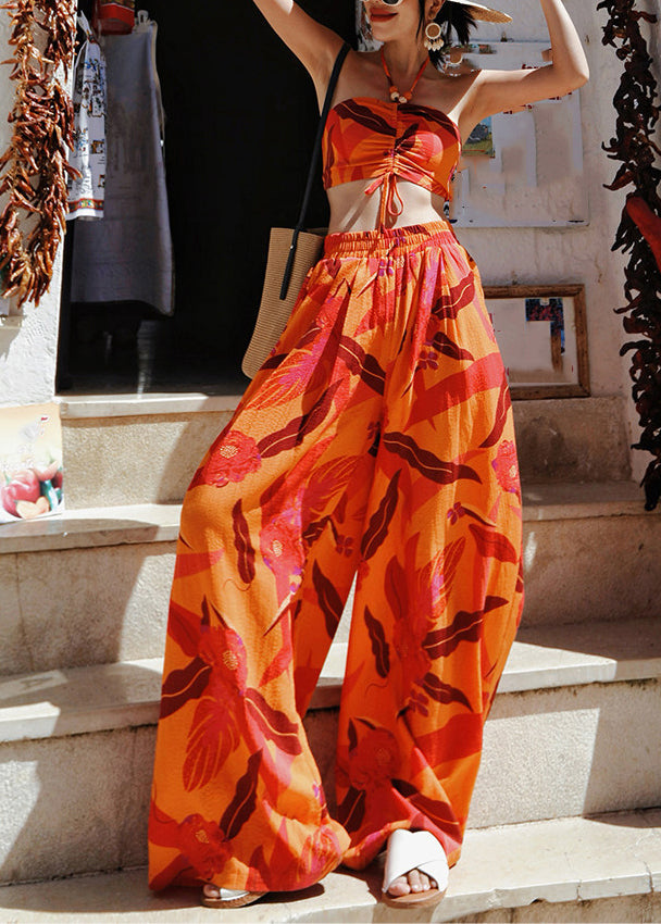 Italian Orange Print Cotton Strapless Tops and Wide Leg Pants Two Pieces Set Summer
