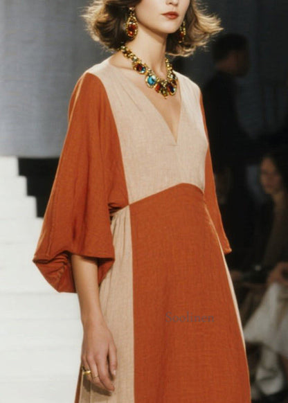 Italian Orange V Neck Patchwork Cotton Ankle Dress Spring
